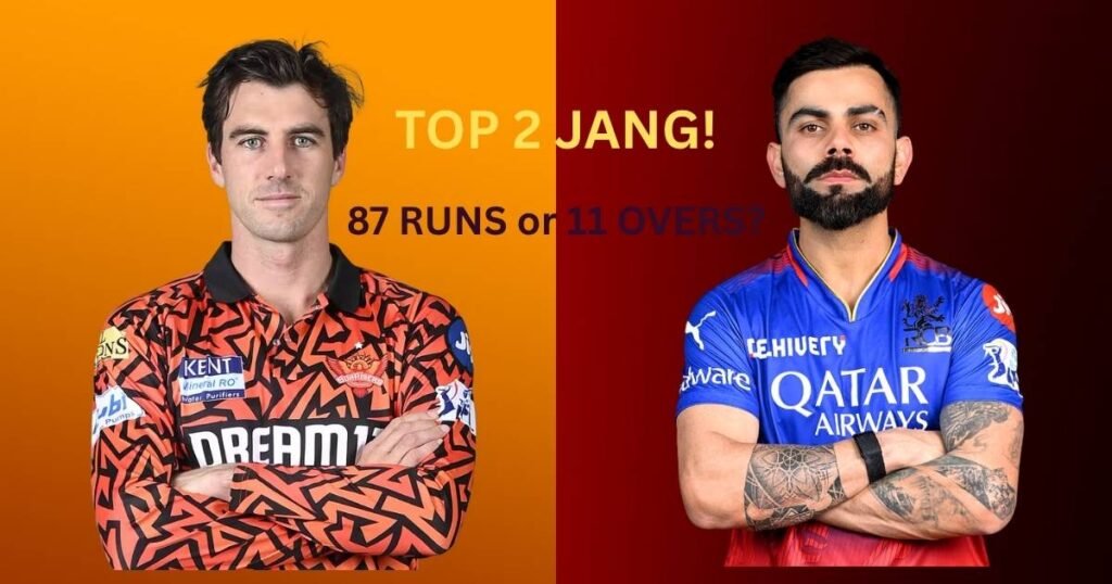 Split-screen graphic showing Sunrisers Hyderabad orange and Royal Challengers Bangalore red branding for IPL 2026 playoff scenarios